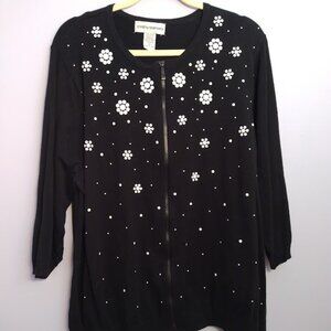 Vintage Cardigan Sweater 100% Cotton Black w/ Beaded Flowers 3X Cathy Daniels